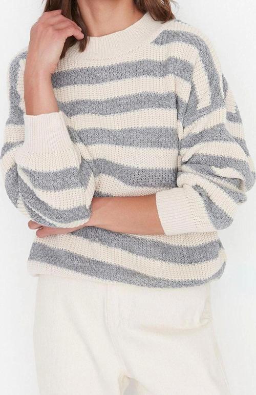 Kadın Modern Tarz Rahat Uzun Bisiklet Yaka Çizgili Kol Regular Triko Kazak