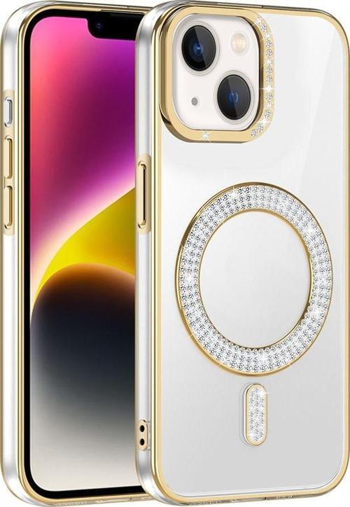iPhone 13/14 Kılıf Pırlanta Taş Tasarımlı M-safe Şarj Özellikli Karetta Silikon Kapak