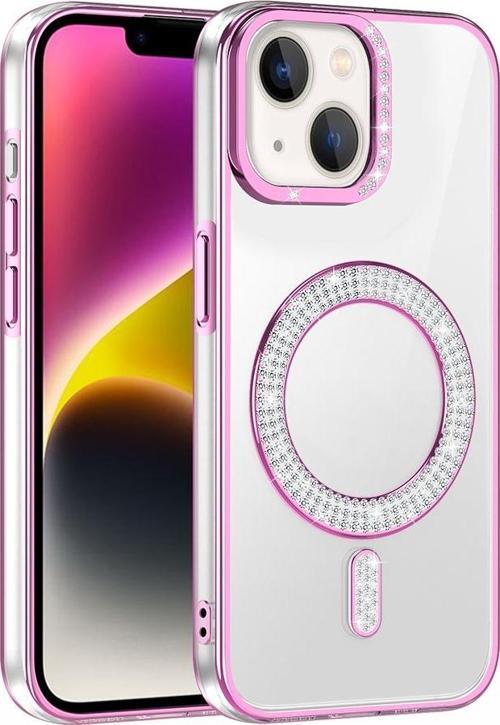 iPhone 13/14 Kılıf Pırlanta Taş Tasarımlı M-safe Şarj Özellikli Karetta Silikon Kapak