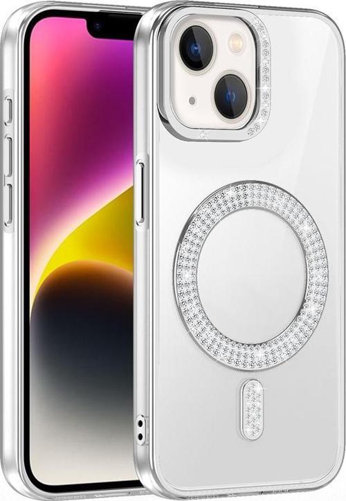 iPhone 13/14 Kılıf Pırlanta Taş Tasarımlı M-safe Şarj Özellikli Karetta Silikon Kapak
