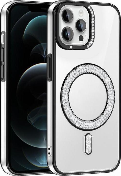 iPhone 12 Pro Kılıf Pırlanta Taş Tasarımlı M-safe Şarj Özellikli Karetta Silikon Kapak