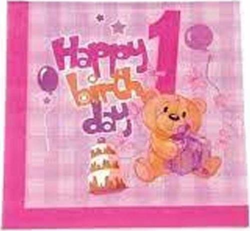 Kağıt Peçete 1 Yaş Happy Birthday Ayıcıklı (20 Adet)  Pembe