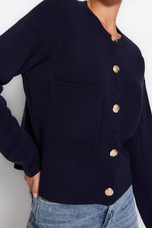 Kadın Modern Tarz Rahat Uzun Bisiklet Yaka Düz Kol Regular Triko Hırka