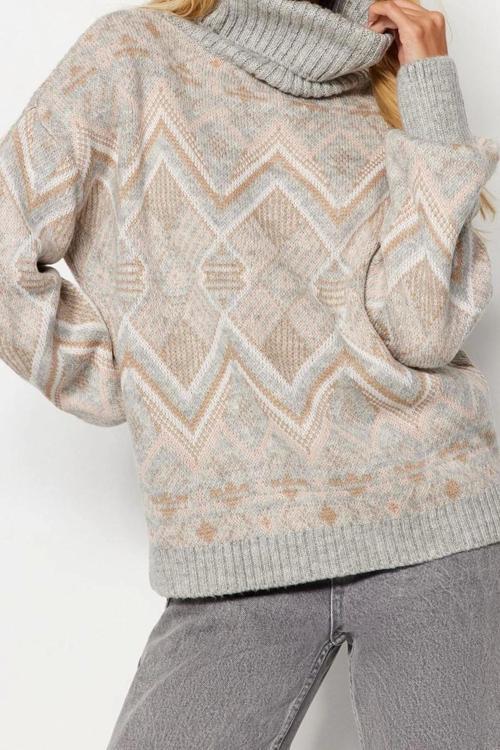 Kadın Modern Tarz Rahat Uzun Balıkçı Yaka Etnik Kol Regular Triko Kazak