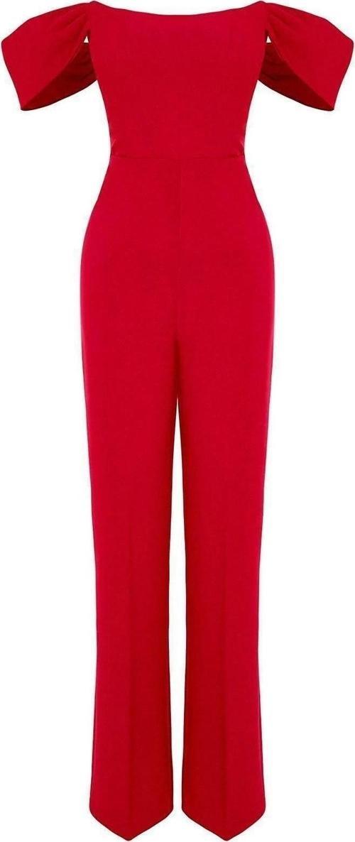 Kadın Moda Düşük Kol Geniş Paça Carmen Yaka Düz Desen Regular Astarlı Balenli Dokuma Tulum