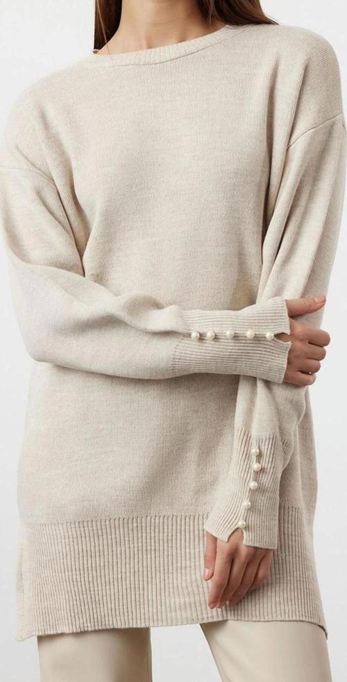 Kadın Modern Tarz Rahat Uzun Bisiklet Yaka Düz Kol Regular Triko Kazak