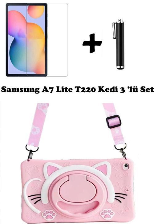 Samsung Galaxy Tab A7 Lite T220 T225 T227 Uyumlu Kedi Kılıf Askılı Standlı Koruyucu 3'lü Set Silikon