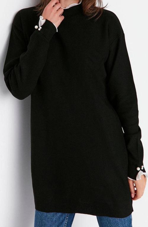 Kadın Modern Tarz Rahat Uzun Bisiklet Yaka Düz Kol Midi Triko Kazak