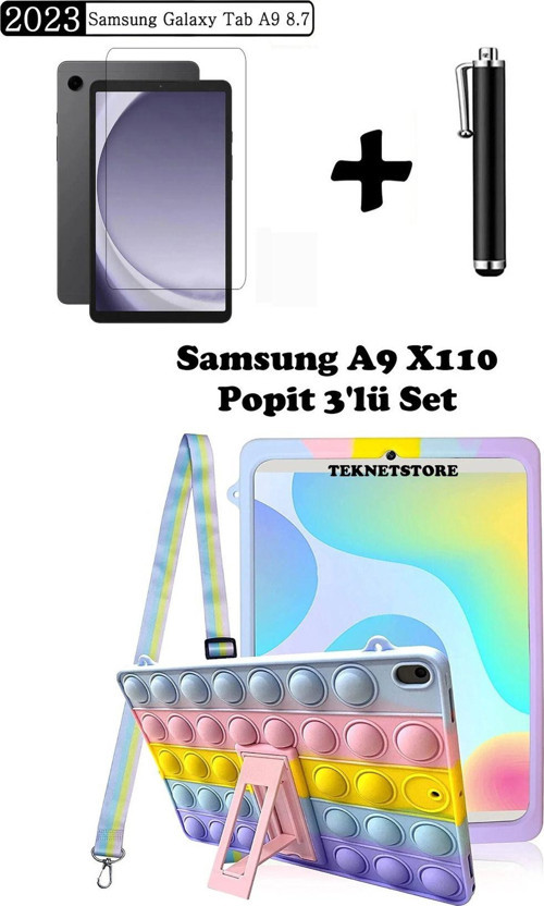 Samsung Galaxy Tab A9 8.7 (2023) Sm-x110 Uyumlu Popit Çocuk Kılıfı Askılı Stand Eğlenceli 3'lü Set