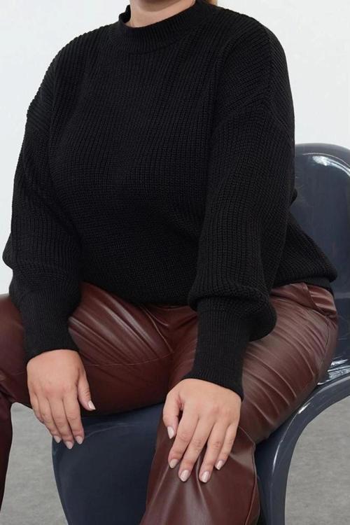 Büyük Beden Kadın Modern Tarz Rahat Uzun Bisiklet Yaka Düz Kol Regular Triko Kazak