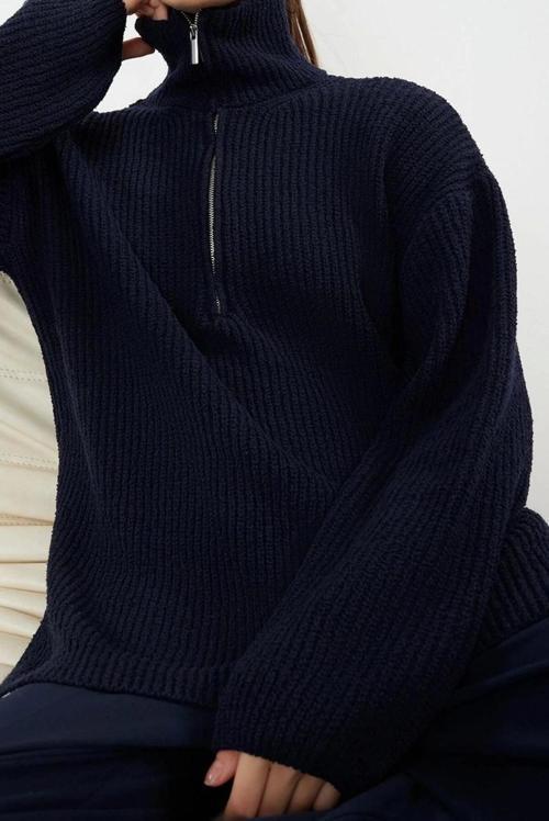 Stil Modern Kadın Regular Düşük Kol Dik Yaka Geniş Kalıp Triko Kazak