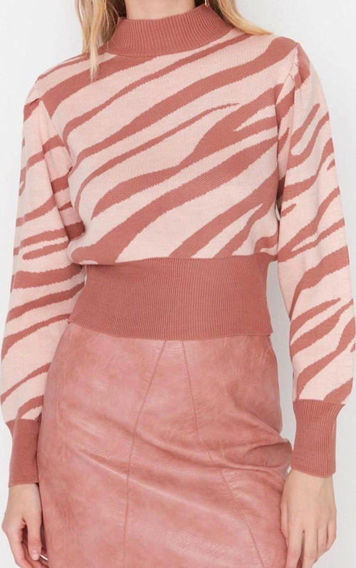 Kadın Modern Tarz Rahat Uzun Dik Yaka Zebra Kol Crop Triko Kazak