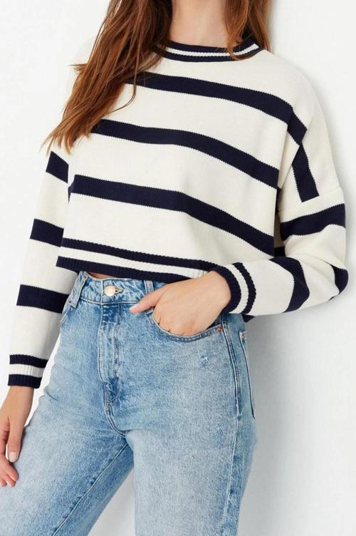 Kadın Modern Tarz Rahat Uzun Bisiklet Yaka Çizgili Kol Crop Triko Kazak