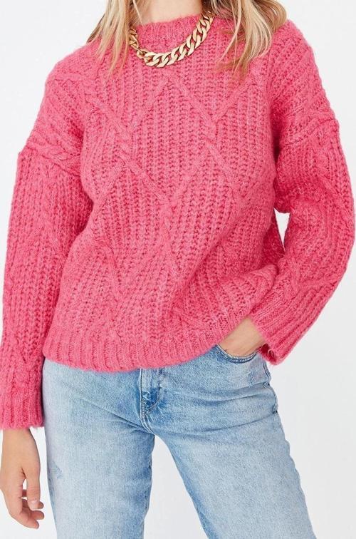 Kadın Modern Tarz Rahat Uzun Bisiklet Yaka Saç Örgü Kol Regular Triko Kazak