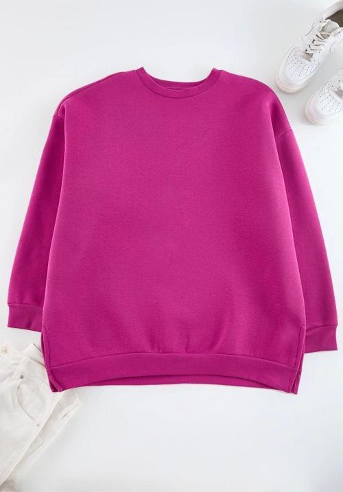 Büyük Beden Oversize Bisiklet Yaka Standart Kol Kalın İçi Polarlı Yırtmaçlı Örme Sweatshirt