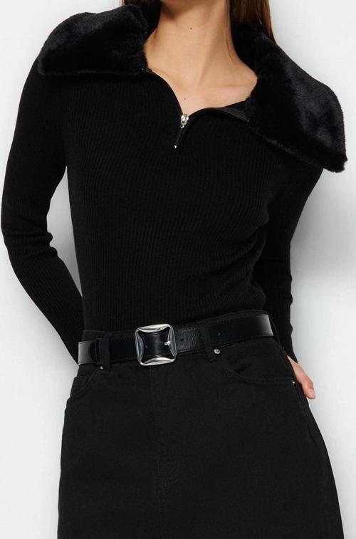 Kadın Modern Tarz Rahat Uzun Polo Yaka Düz Kol Regular Triko Kazak