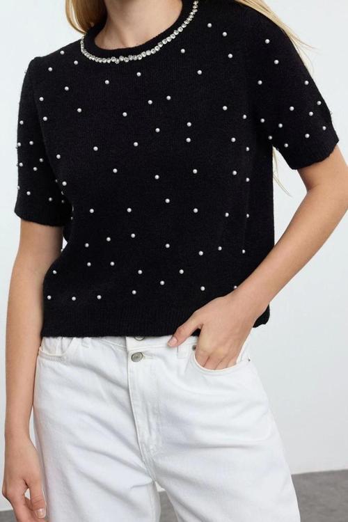 Stil Modern Kadın Regular Standart Kol Bisiklet Yaka Yünlü İnci ve Taşlı Triko Kazak