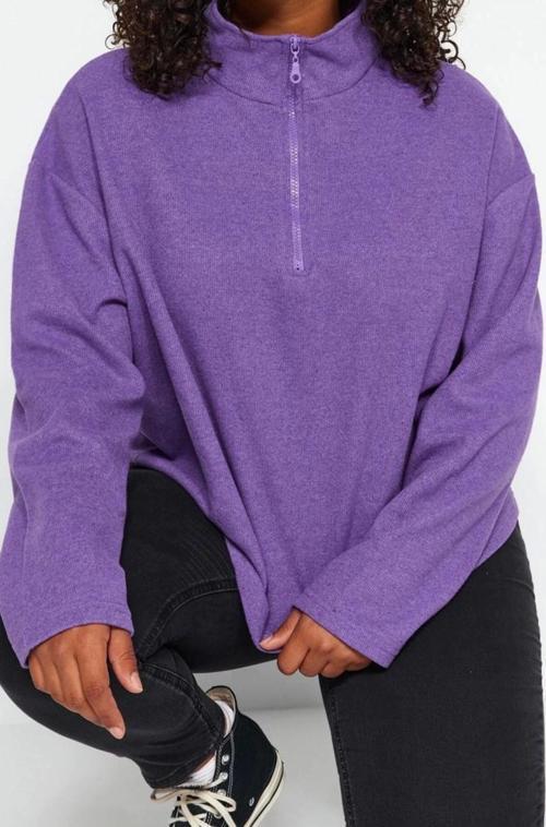 Büyük Beden Tarz Regular Dik Yaka Düşük Kol Crop Fermuarlı Selanik İnce Örme Sweatshirt