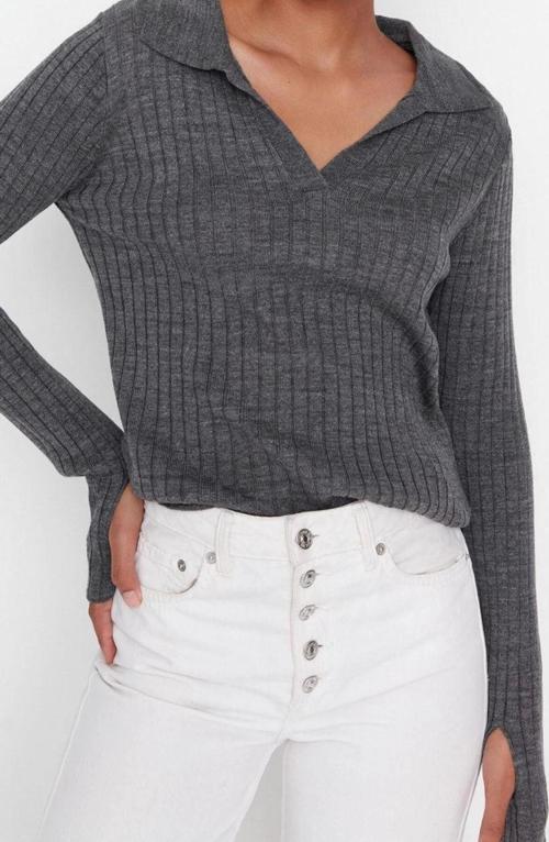 Kadın Modern Tarz Rahat Uzun Polo Yaka Düz Kol Regular Triko Kazak