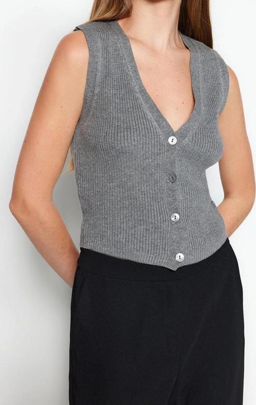 Kadın Modern Tarz Rahat Uzun V Yaka Düz Kol Regular Triko Yelek