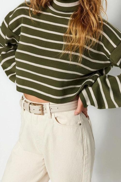 Stil Modern Kadın Crop Düşük Kol Balıkçı Yaka Çizgili Triko Kazak