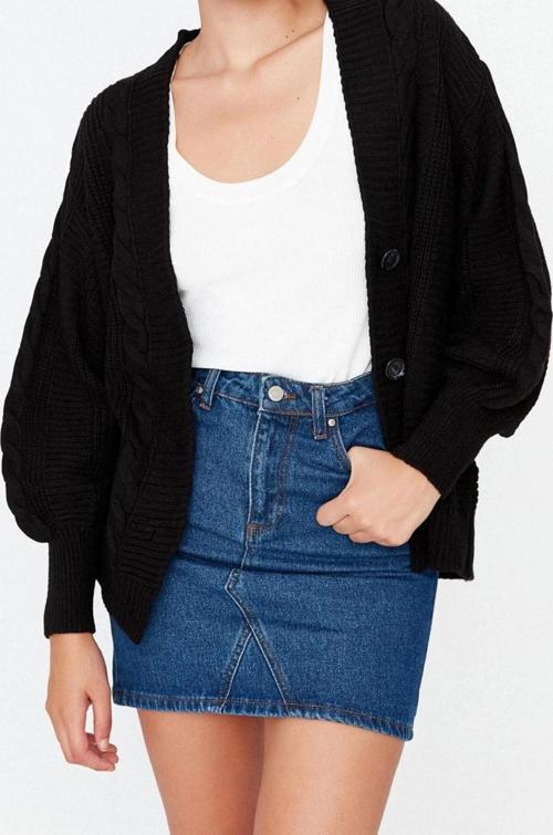 Kadın Modern Tarz Rahat Uzun V Yaka Saç Örgü Kol Regular Triko Hırka