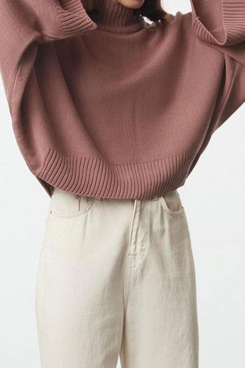 Stil Modern Kadın Regular Düşük Kol Dik Yaka Geniş Kalıp Yarasa Kol Triko Kazak