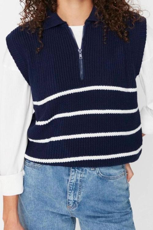 Stil Modern Kadın Regular Standart Kol Polo Yaka Fermuarlı Çizgili Triko Süveter