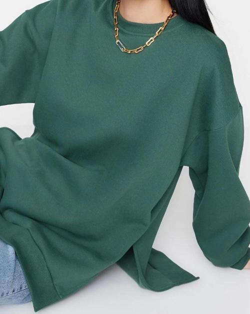 Oversize Bisiklet Yaka Düşük Kol Uzun Geniş Kalıp Yırtmaç Kalın İçi Polarlı Örme Sweatshirt