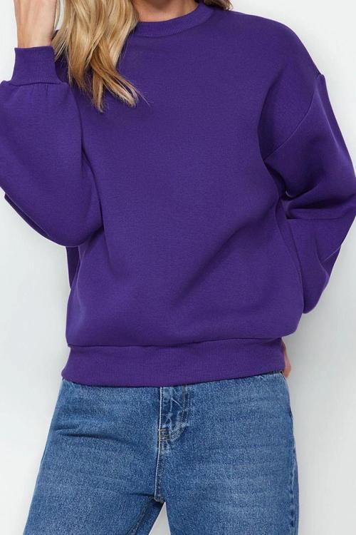 Regular Bisiklet Yaka Düşük Kol Regular Kalın İçi Polarlı Normal Kalıp Basic Örme Sweatshirt