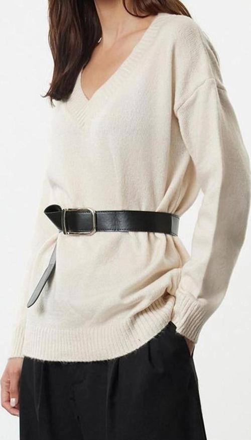 Stil Modern Kadın Uzun Standart Kol V Yaka Geniş Kalıp Kemerli Yumuşak Dokulu Triko Kazak