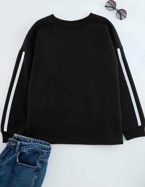 Büyük Beden Oversize Bisiklet Yaka Düşük Kol Uzun Şerit Geniş Kalıp İnce Örme Sweatshirt