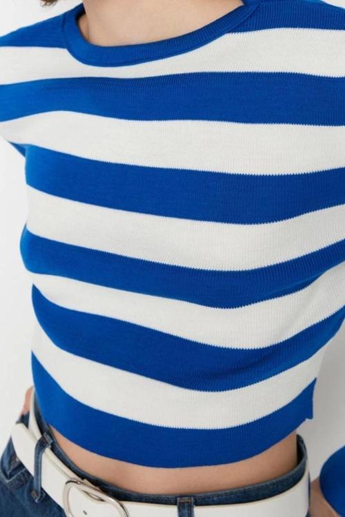 Stil Modern Kadın Crop Standart Kol Bisiklet Yaka Basic Çizgili Triko Kazak