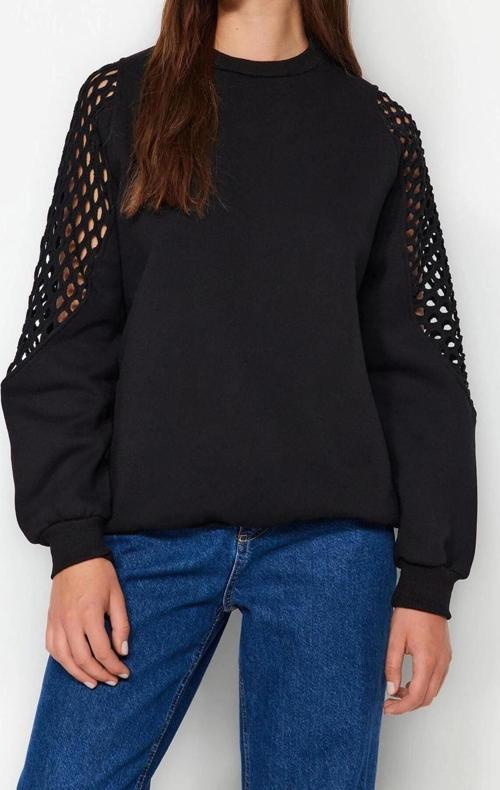 Bisiklet Yaka Düşük Kol File Detaylı Kalın İçi Polarlı Normal Kalıp Örme Sweatshirt