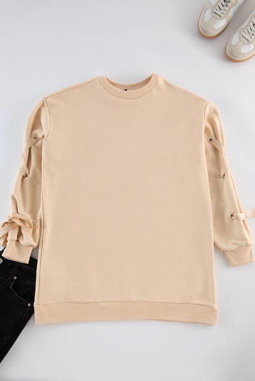 Tesettür Tarz Oversize Bisiklet Yaka Düşük Kol Uzun Bağcık Detaylı Sweatshirt