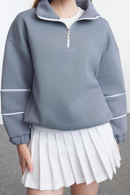 Tarz Oversize Fermuarlı Yaka Düşük Kol Standart Biye Detaylı Geniş Kalıp Örme Sweatshirt