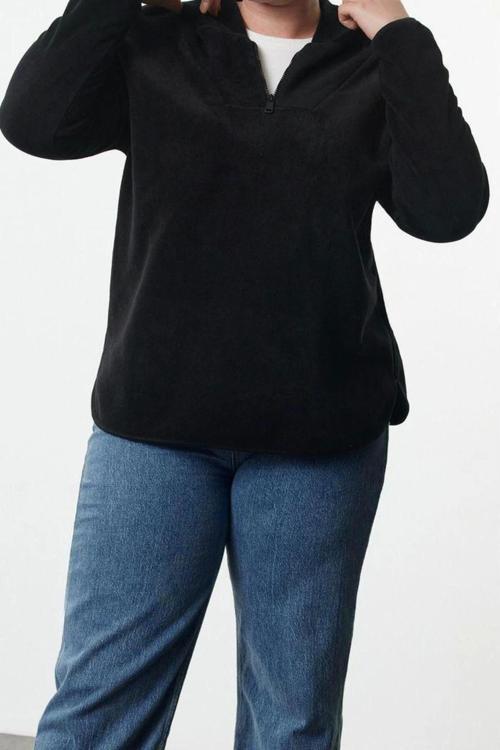 Büyük Beden Tarz Oversize Kapüşonlu Düşük Kol Regular Kalın Polar Örme Sweatshirt
