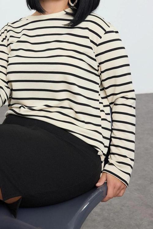 Büyük Beden Regular Bisiklet Yaka Standart Kol Regular Çizgili Normal Kalıp Örme Sweatshirt