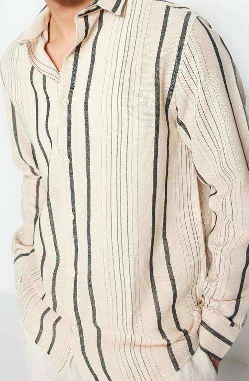 Moda Erkek Gömlek Yaka Çizgili Desen Günlük Regular Fit Çizgili Keten Dokulu Gömlek
