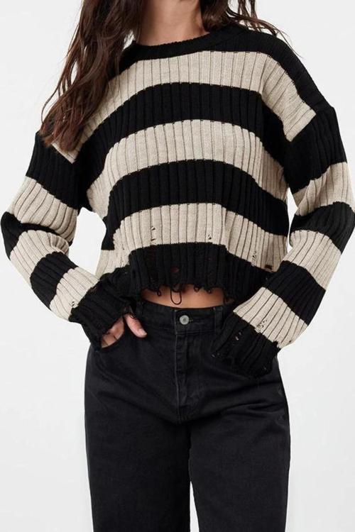 Stil Modern Kadın Crop Düşük Kol Bisiklet Yaka Geniş Kalıp Çizgili Triko Kazak