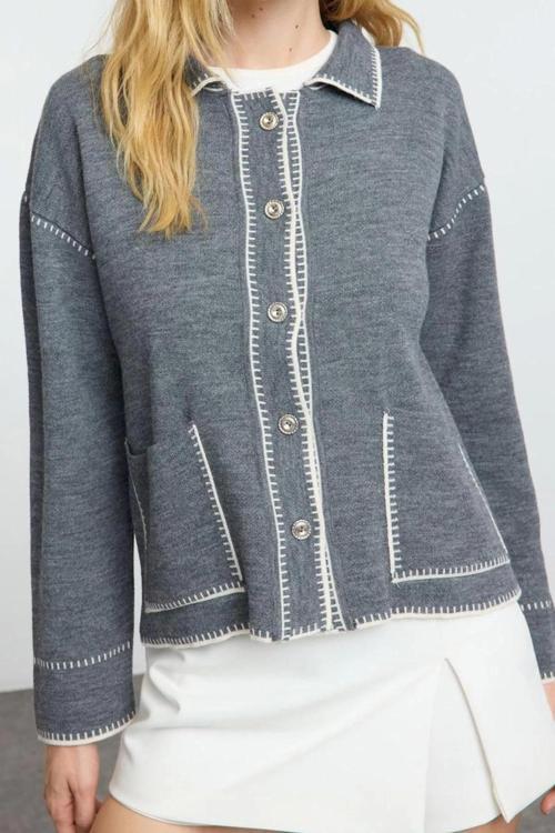 Stil Modern Kadın Regular Standart Kol Polo Yaka Renk Bloklu Triko Hırka
