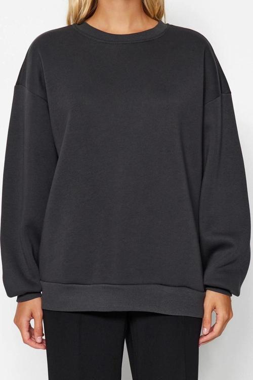 Tarz Oversize Bisiklet Yaka Düşük Kol Uzun Rahat Kesim Basic Kalın İçi polarlı Örme Sweatshirt