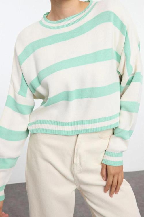 Stil Modern Kadın Crop Düşük Kol Bisiklet Yaka Çizgili Triko Kazak