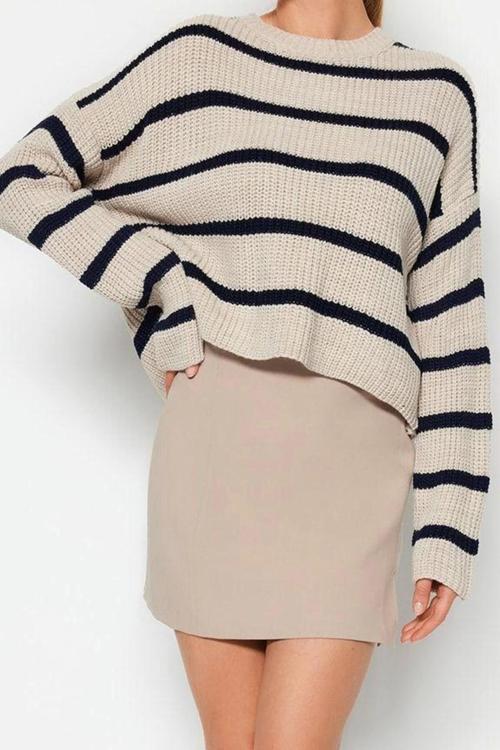 Stil Modern Kadın Crop Düşük Kol Bisiklet Yaka Basic Çizgili Triko Kazak
