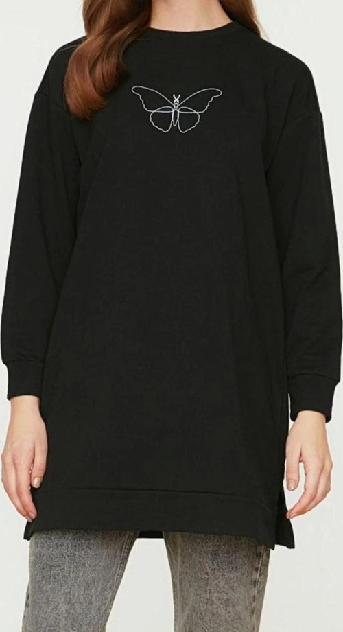 Tesettür Regular Bisiklet Yaka Standart Kol Regular Yırtmaç Detaylı Baskılı Örme Sweatshirt
