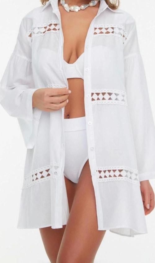 Moda Kadın Gömlek Yaka Düz Desen Plaj Giyim Dokuma Şerit Aksesuarlı %100 Pamuklu Gömlek