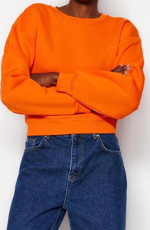 Tarz Crop Dik Yaka Düşük Kol Crop Rahat Kesim Crop Basic Kalın İçi polarlı Örme Sweatshirt