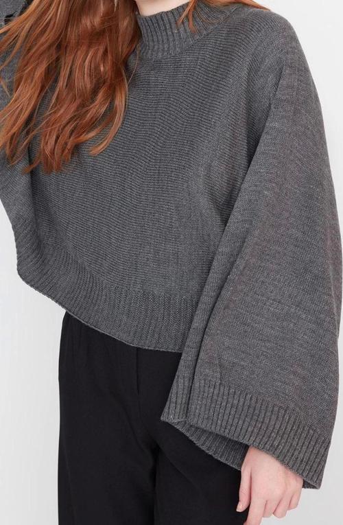 Stil Modern Kadın Regular Düşük Kol Dik Yaka Geniş Kalıp Yarasa Kol Triko Kazak