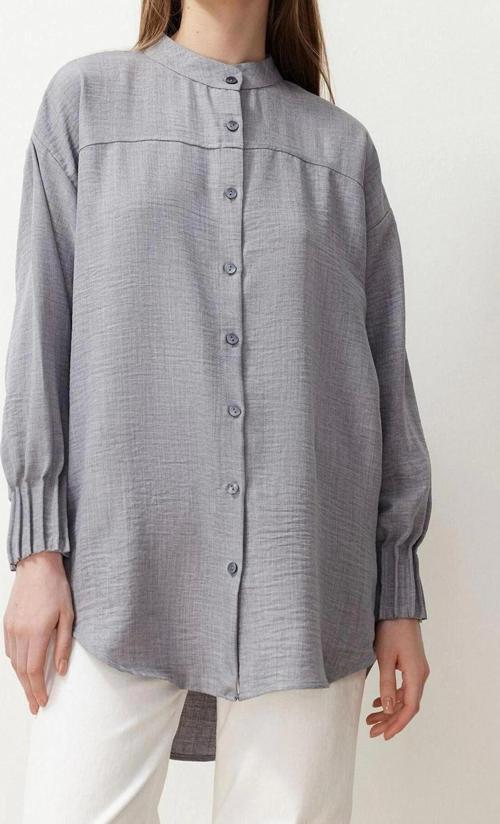 Moda Kadın Tesettür Hakim Yaka Düz Desen Günlük Keten Aerobin Oversize Dokuma Gömlek