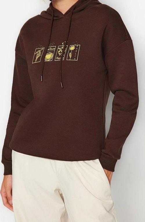 Tarz Bol Kapüşonlu Düşük Kol Uzun Baskılı Kalın İçi Polarlı Örme Sweatshirt